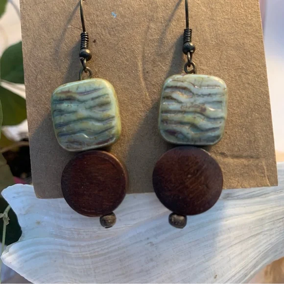 Earthy Drop Earrings Nature Inspired green Glass and Wood Beads Antiqued Style - Picture 9 of 10